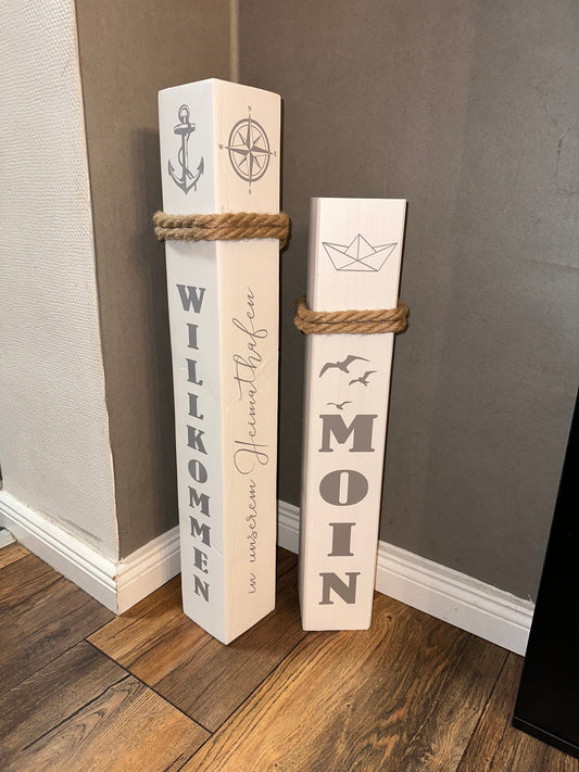 Maritimes Holz-Poller Set 2er – mit Anker & Wunschtext | Geschenk Hochzeit/ Einzug