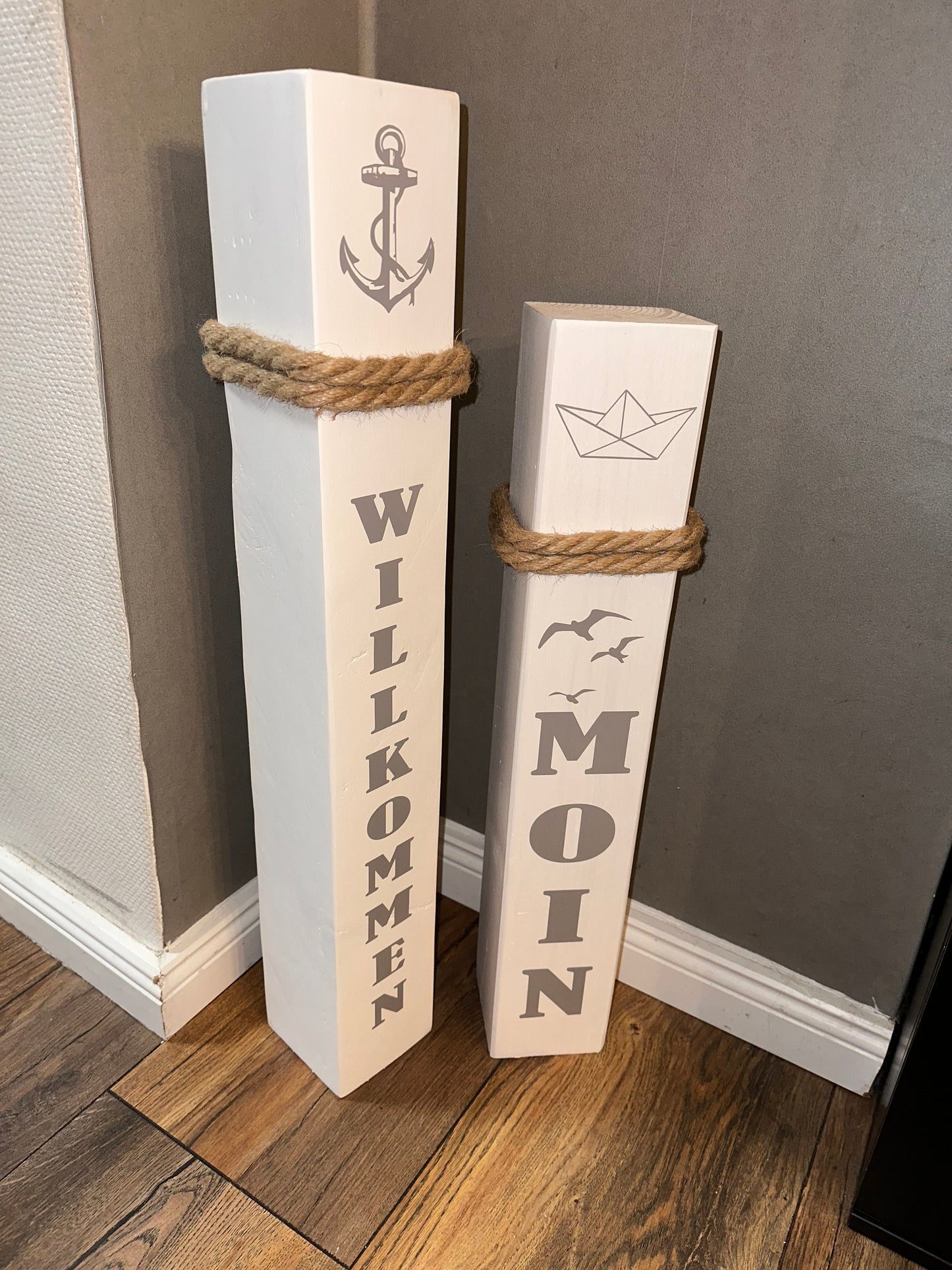 Maritimes Holz-Poller Set 2er – mit Anker & Wunschtext | Geschenk Hochzeit/ Einzug