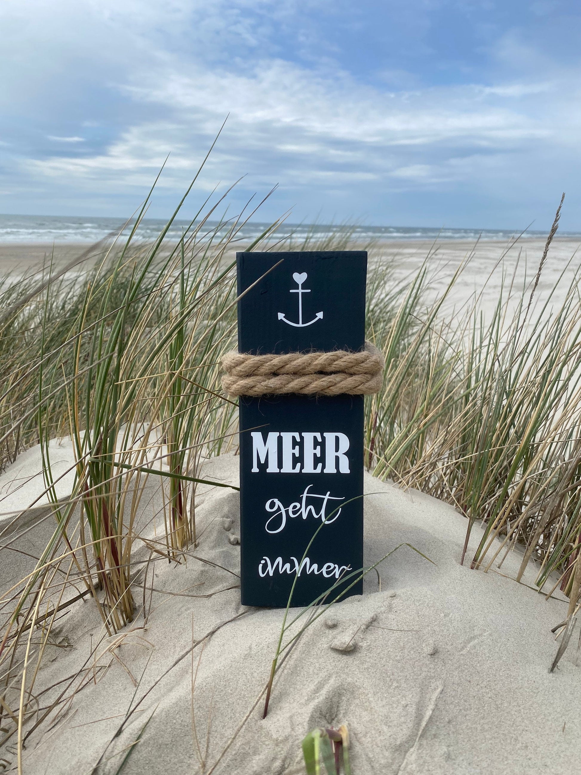 Meer geht immer Poller anthrazit | Maritime Dekosäule Holz 30 cm | Strandhaus & Küsten-Deko Handarbeit