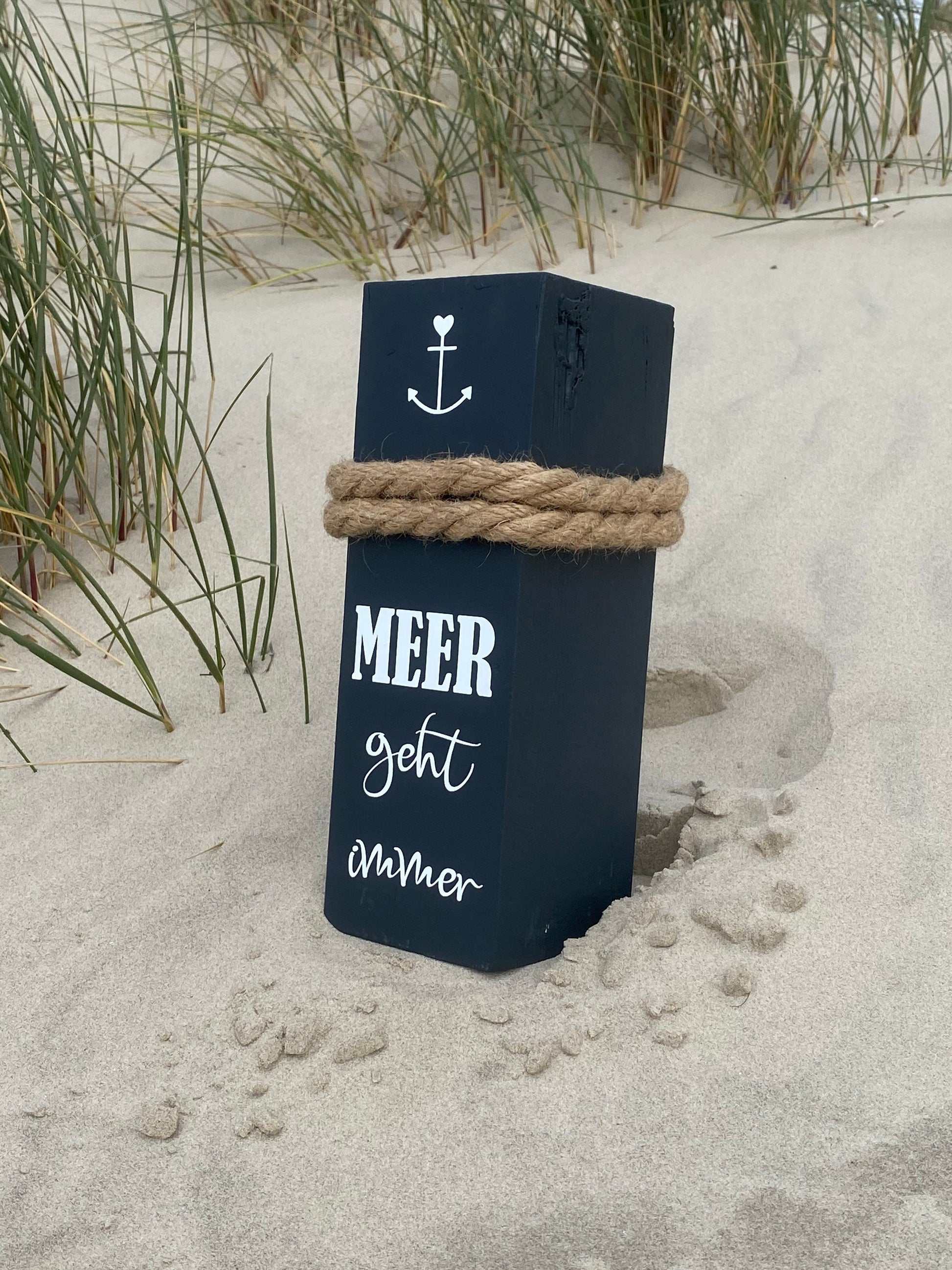 Meer geht immer Poller anthrazit | Maritime Dekosäule Holz 30 cm | Strandhaus & Küsten-Deko Handarbeit