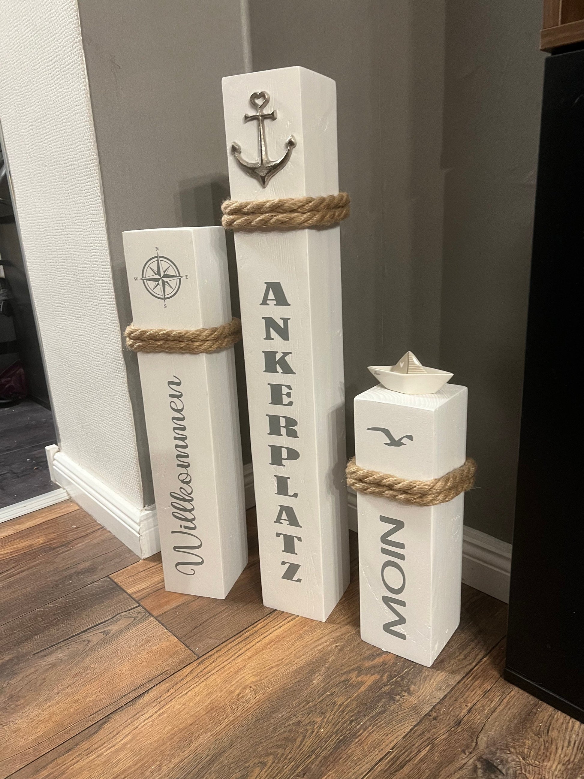 3er Set Marine Anker Poller – Maritime Holzsäulen 65/50/35 cm | Küstenstil Gartendeko Set