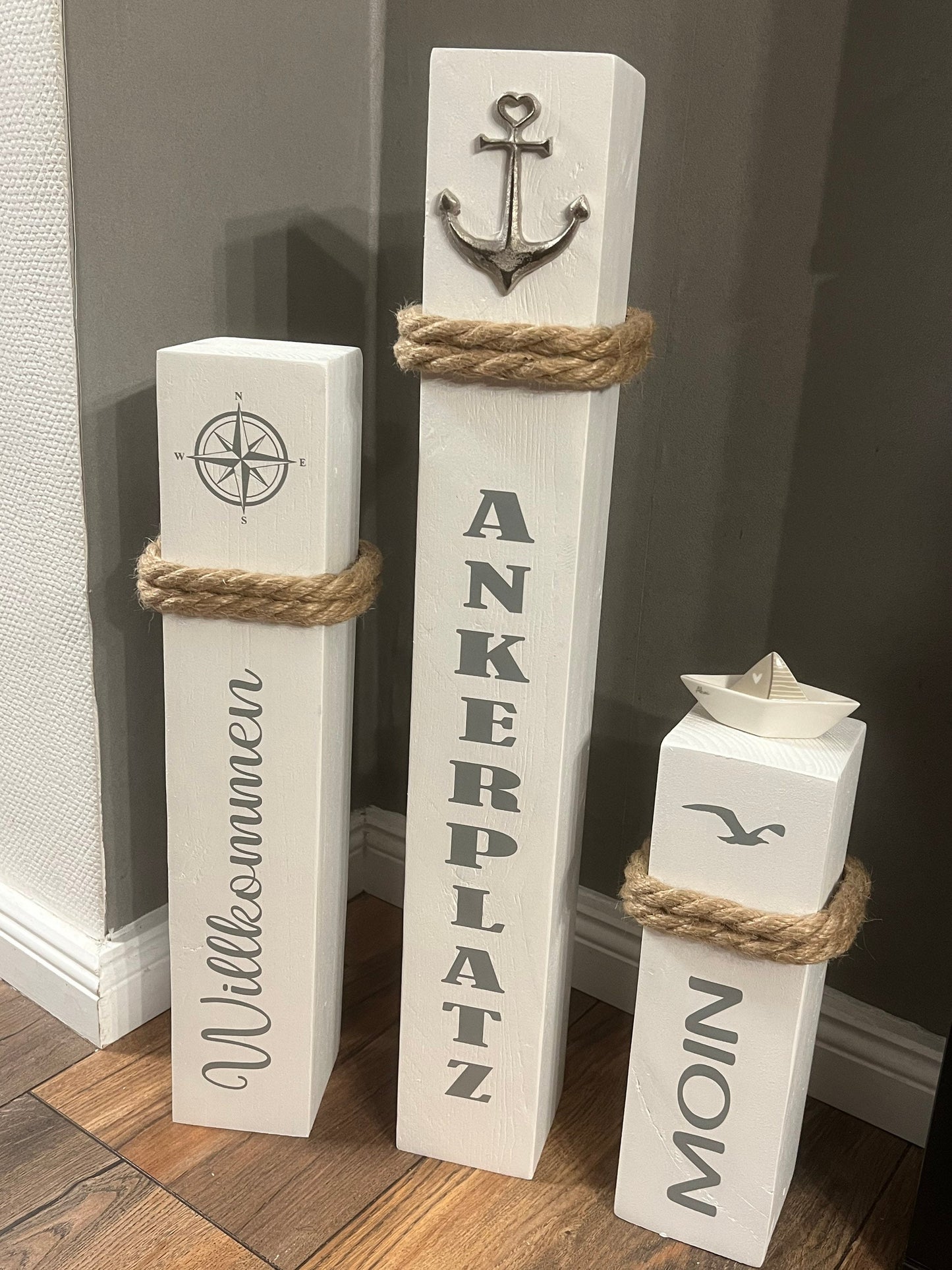 3er Set Marine Anker Poller – Maritime Holzsäulen 65/50/35 cm | Küstenstil Gartendeko Set
