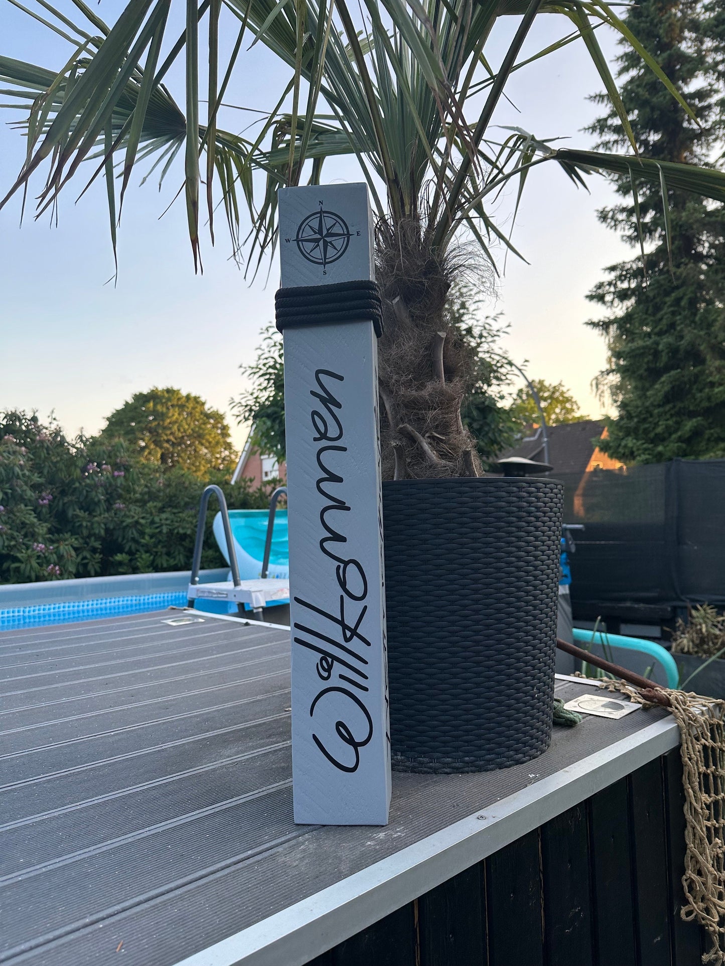 Maritimer Dekobalken Willkommen rustikal | Holz Poller Stele 70cm | Anker Küsten Deko Garten Heimathafen Shabby Chic