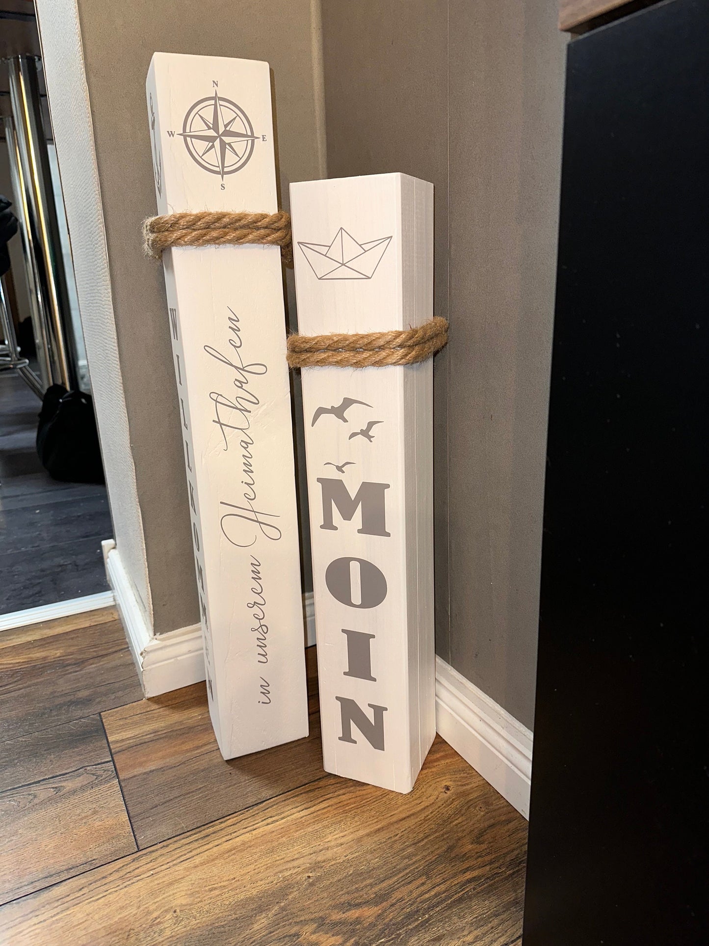 Maritimes Holz-Poller Set 2er – mit Anker & Wunschtext | Geschenk Hochzeit/ Einzug