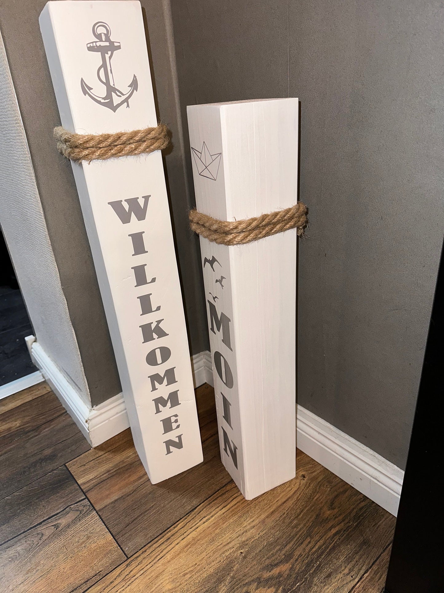 Maritimes Holz-Poller Set 2er – mit Anker & Wunschtext | Geschenk Hochzeit/ Einzug