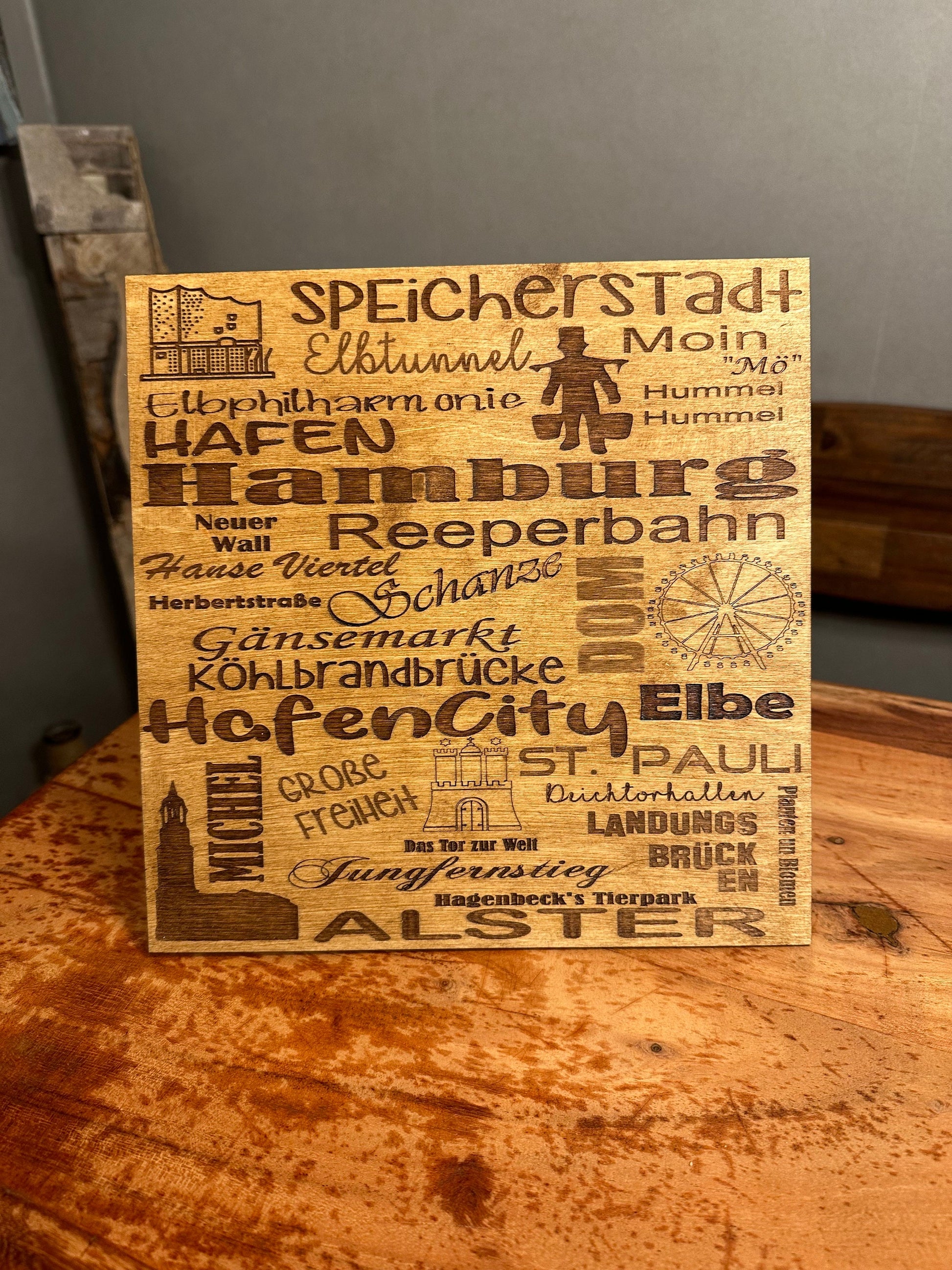 Hamburg Holzschild Lasercut | Wandbild rustikal | Hamburg Begriffe Speicherstadt Reeperbahn Hafen Elbe | Geschenk für Hamburg Fans
