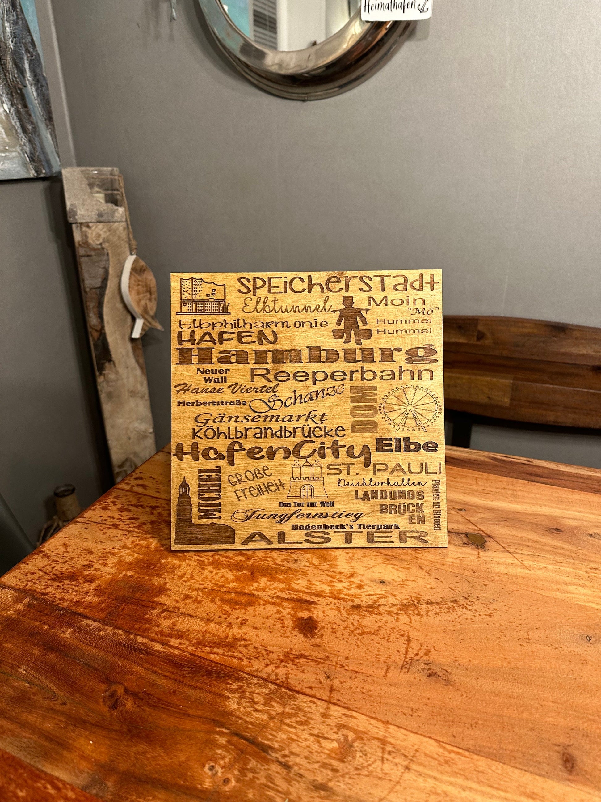 Hamburg Holzschild Lasercut | Wandbild rustikal | Hamburg Begriffe Speicherstadt Reeperbahn Hafen Elbe | Geschenk für Hamburg Fans