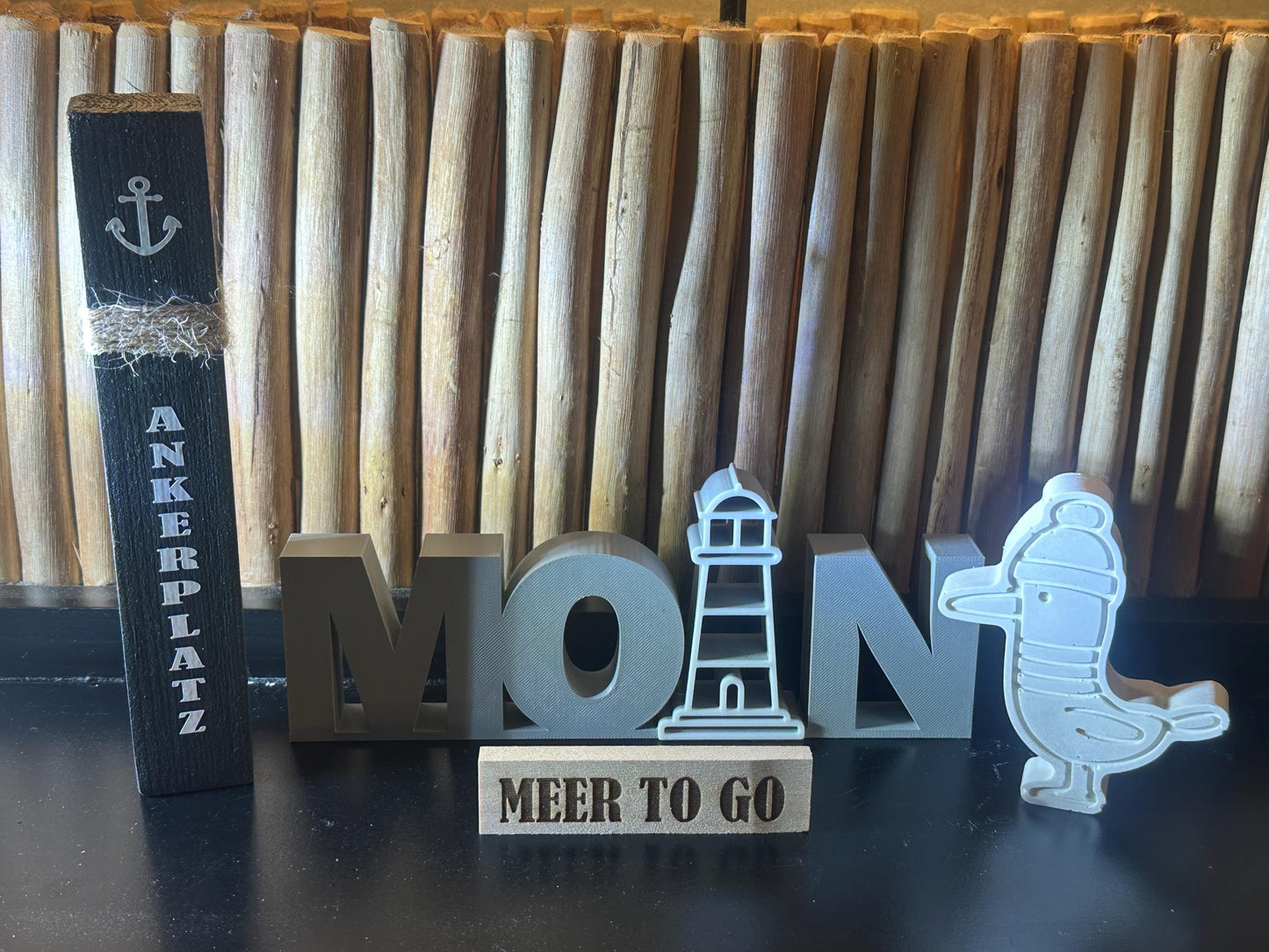 Meer to go Geschenkset | Maritimes Deko-Set aus Holz (Mini-Poller + MOIN-Schriftzug + Möwe) | Geschenkidee Einzug, Geburtstag, Weihnachten
