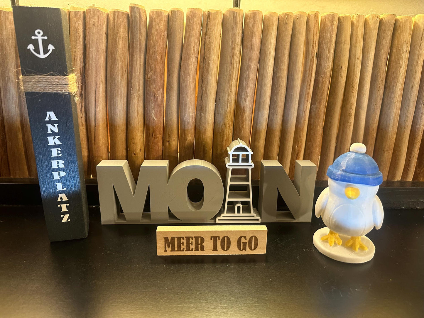 Meer to go Geschenkset, Maritimes Deko-Set (Mini-Poller + MOIN-Schriftzug + 3D-gedruckte Möwe) | Geschenk Einzug, Geburtstag, Weihnachten