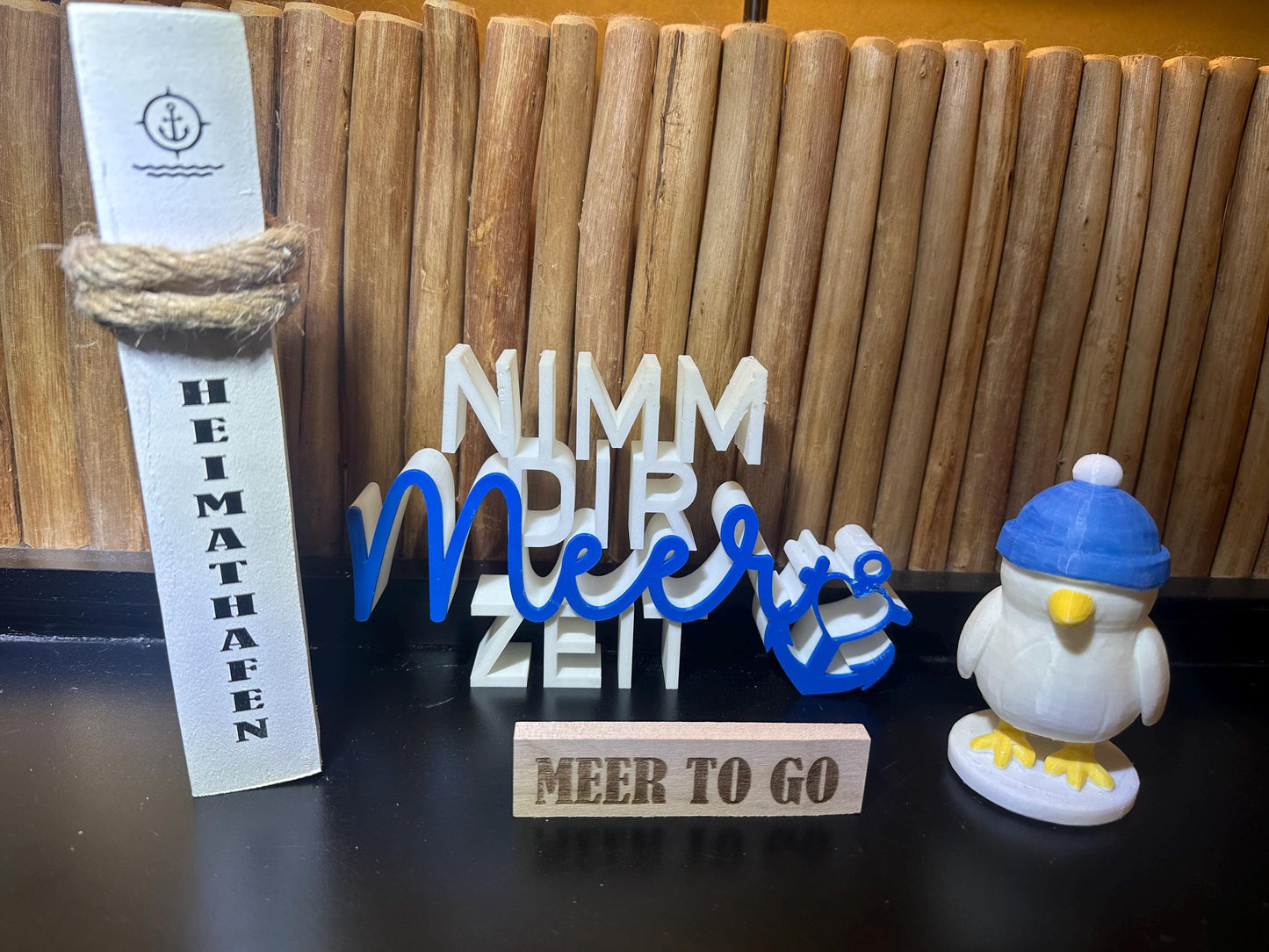 Meer to go Geschenkset „Heimathafen“ | Maritimes Deko-Set (Mini-Poller + Schriftzug + 3D-Möwe) | Geschenk Einzug, Geburtstag, Weihnachten