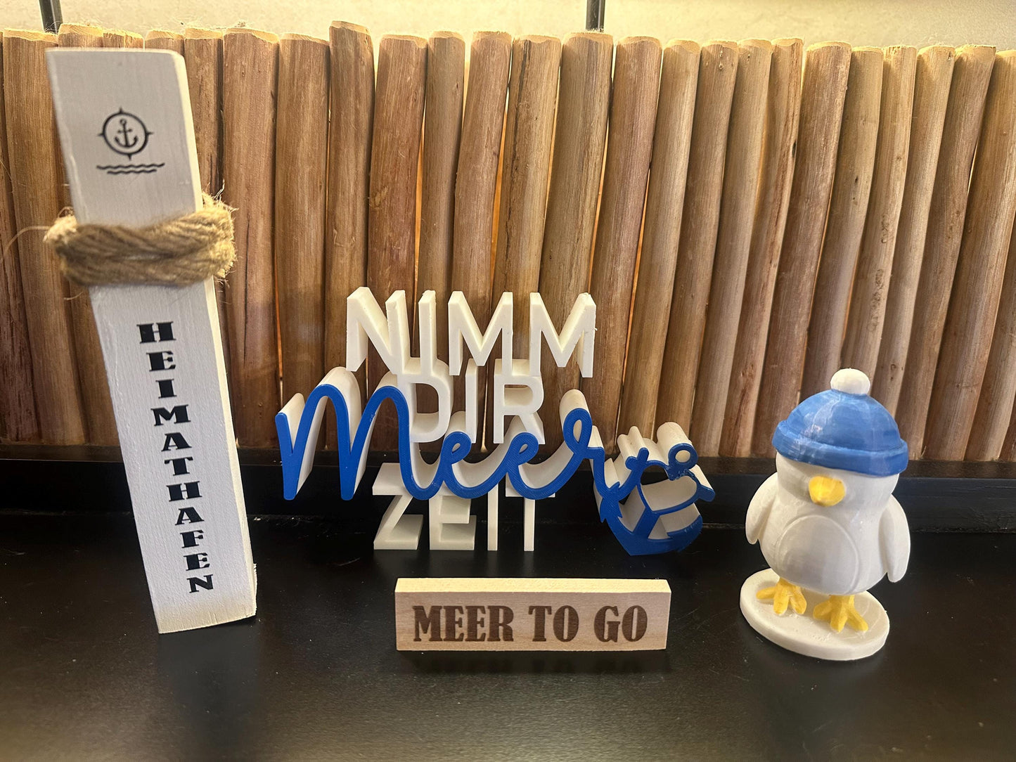 Meer to go Geschenkset „Heimathafen“ | Maritimes Deko-Set (Mini-Poller + Schriftzug + 3D-Möwe) | Geschenk Einzug, Geburtstag, Weihnachten