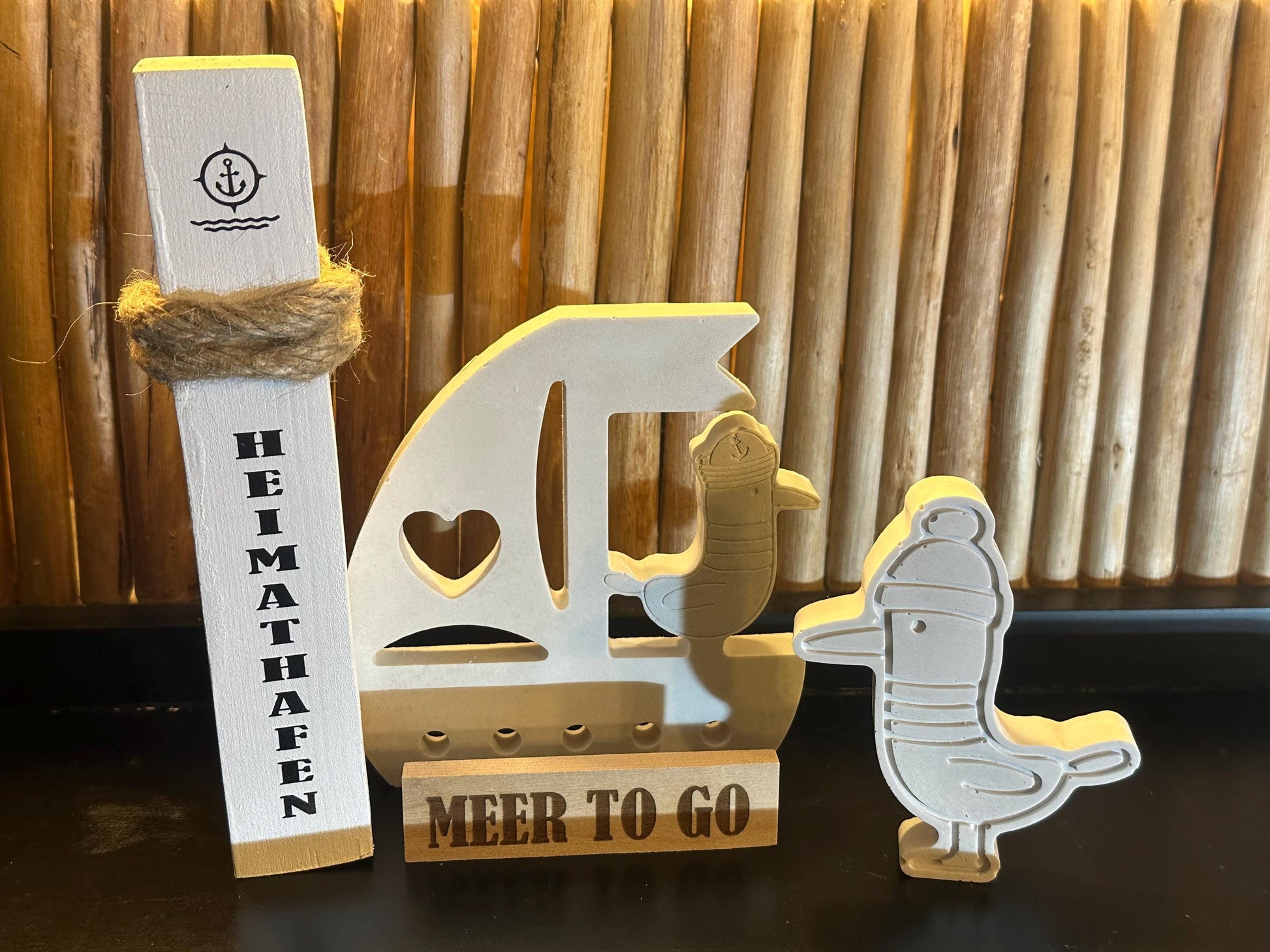 Meer to go Geschenkset „Boot & Möwe Raysin“ | Maritimes Deko-Set (Mini-Poller + Boot + Möwe aus Raysin) Geschenkidee