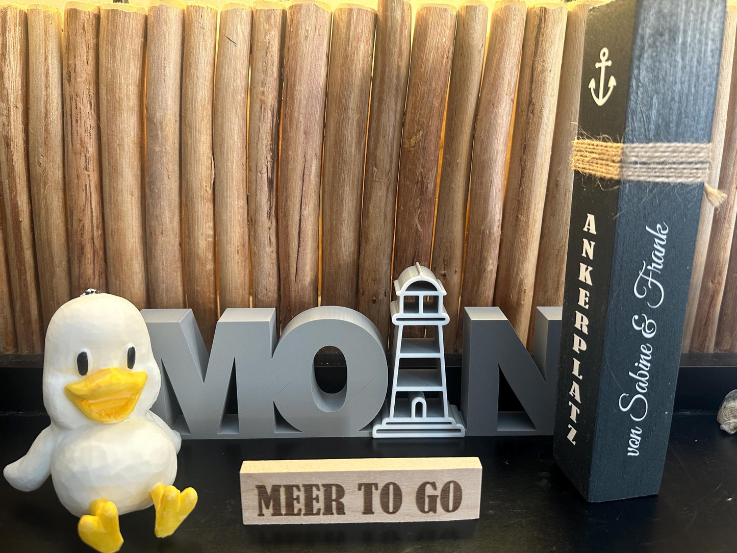 Meer to go Geschenkset mit personalisiertem Poller | Maritimes Deko-Set (Mini-Poller + Schriftzug + Möwe) | Geschenk Hochzeit, Weihnachten