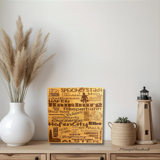 Hamburg Holzschild Lasercut | Wandbild rustikal | Hamburg Begriffe Speicherstadt Reeperbahn Hafen Elbe | Geschenk für Hamburg Fans