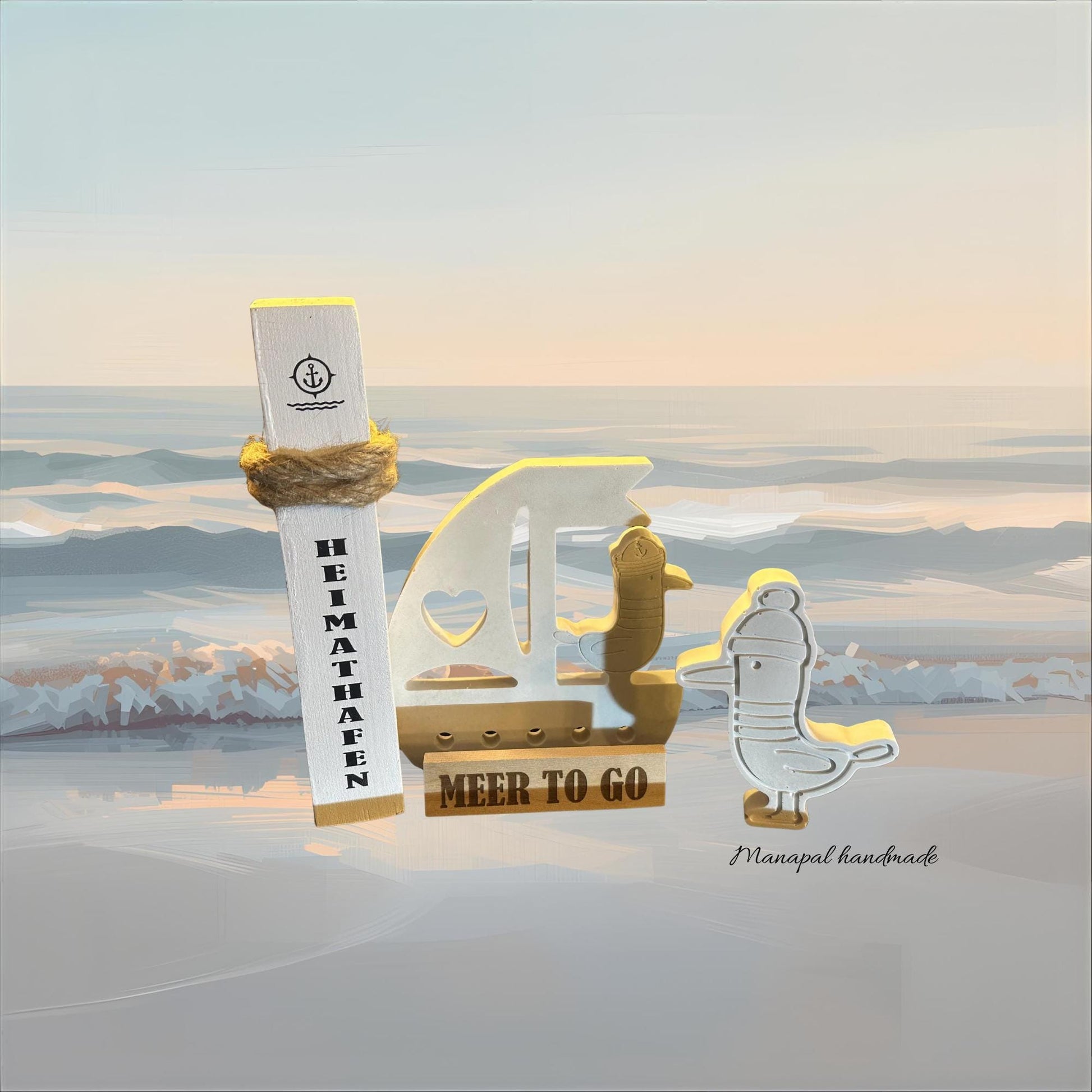 Meer to go Geschenkset „Boot & Möwe Raysin“ | Maritimes Deko-Set (Mini-Poller + Boot + Möwe aus Raysin) Geschenkidee