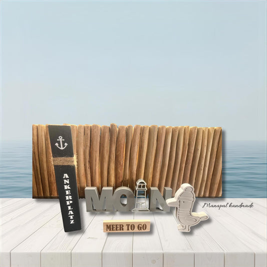 Meer to go Geschenkset | Maritimes Deko-Set aus Holz (Mini-Poller + MOIN-Schriftzug + Möwe) | Geschenkidee Einzug, Geburtstag, Weihnachten