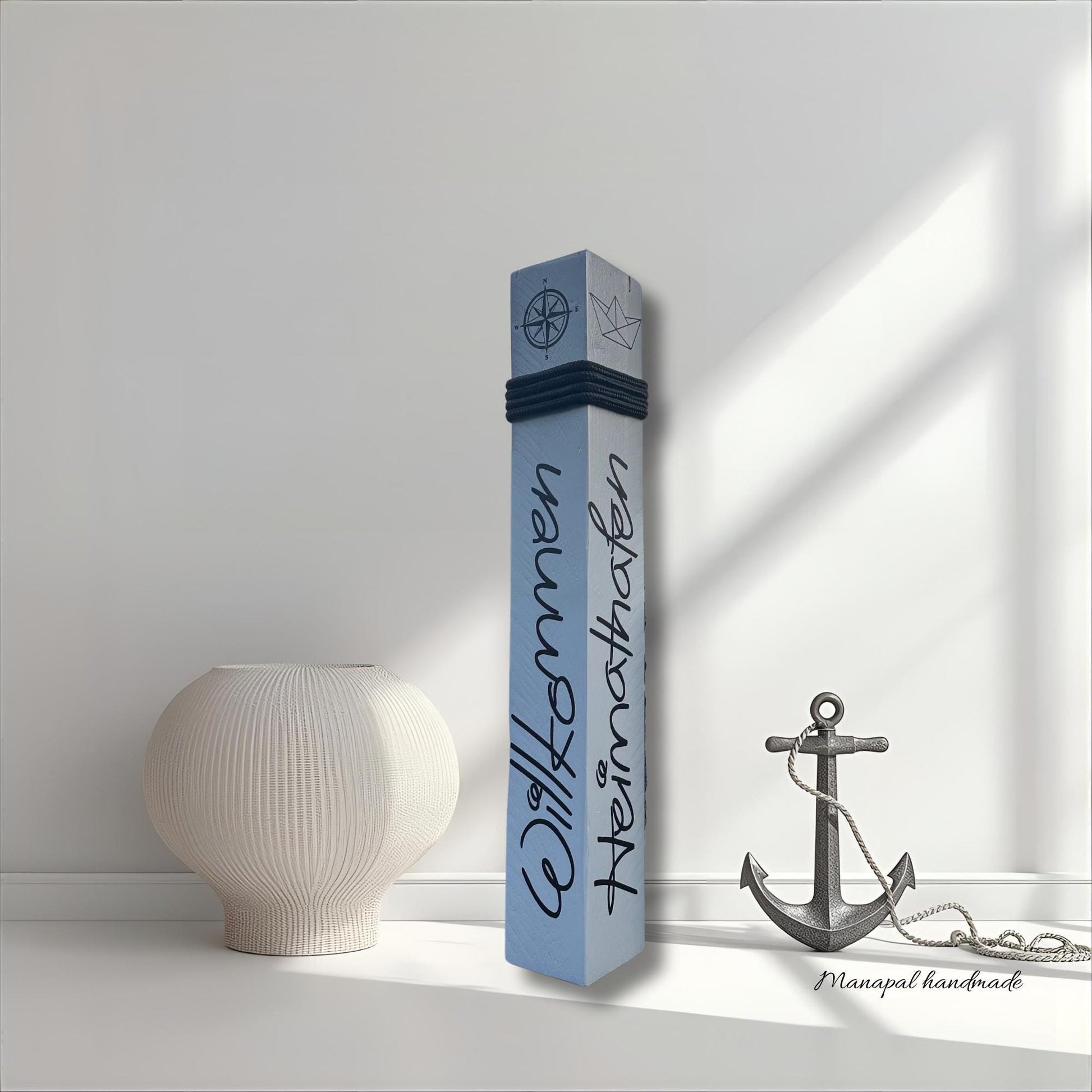 Maritimer Dekobalken Willkommen rustikal | Holz Poller Stele 70cm | Anker Küsten Deko Garten Heimathafen Shabby Chic