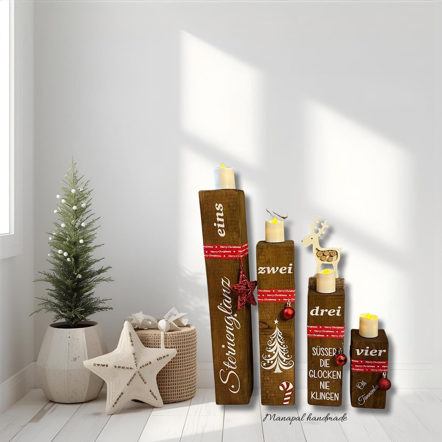 Adventskranz Säulen Set Braun – Vier Holzsäulen 7×7×45,35,25,15 cm | Rustikale Weihnachtsdeko für Fensterbank & Tisch