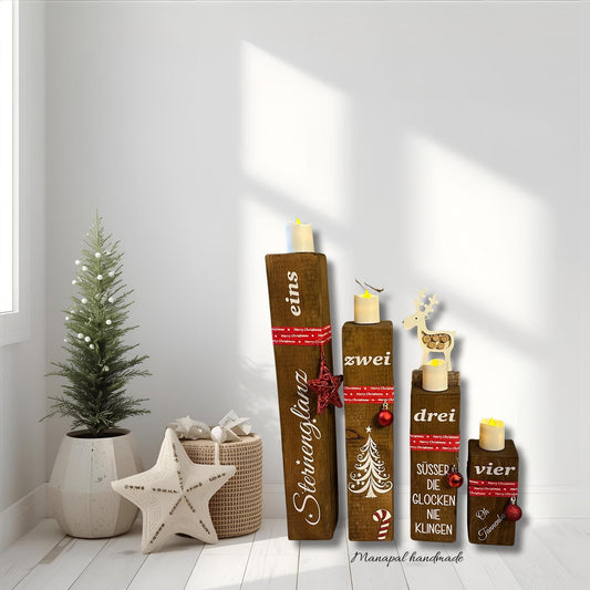 Adventskranz Säulen Set Braun – Vier Holzsäulen 7×7×45,35,25,15 cm | Rustikale Weihnachtsdeko für Fensterbank & Tisch
