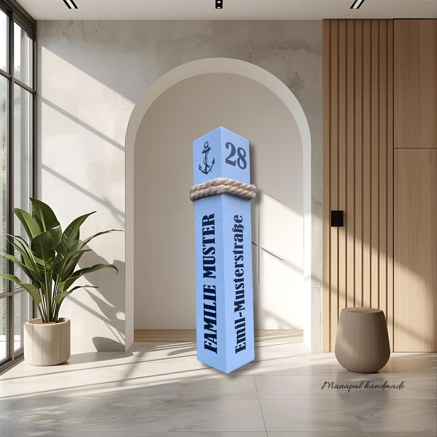 Personalisierter Holzpoller 50–80 cm – Familienname, Straße & Hausnummer | Maritime Adresse und Gartendeko, Geschenk Hochzeit oder Einzug