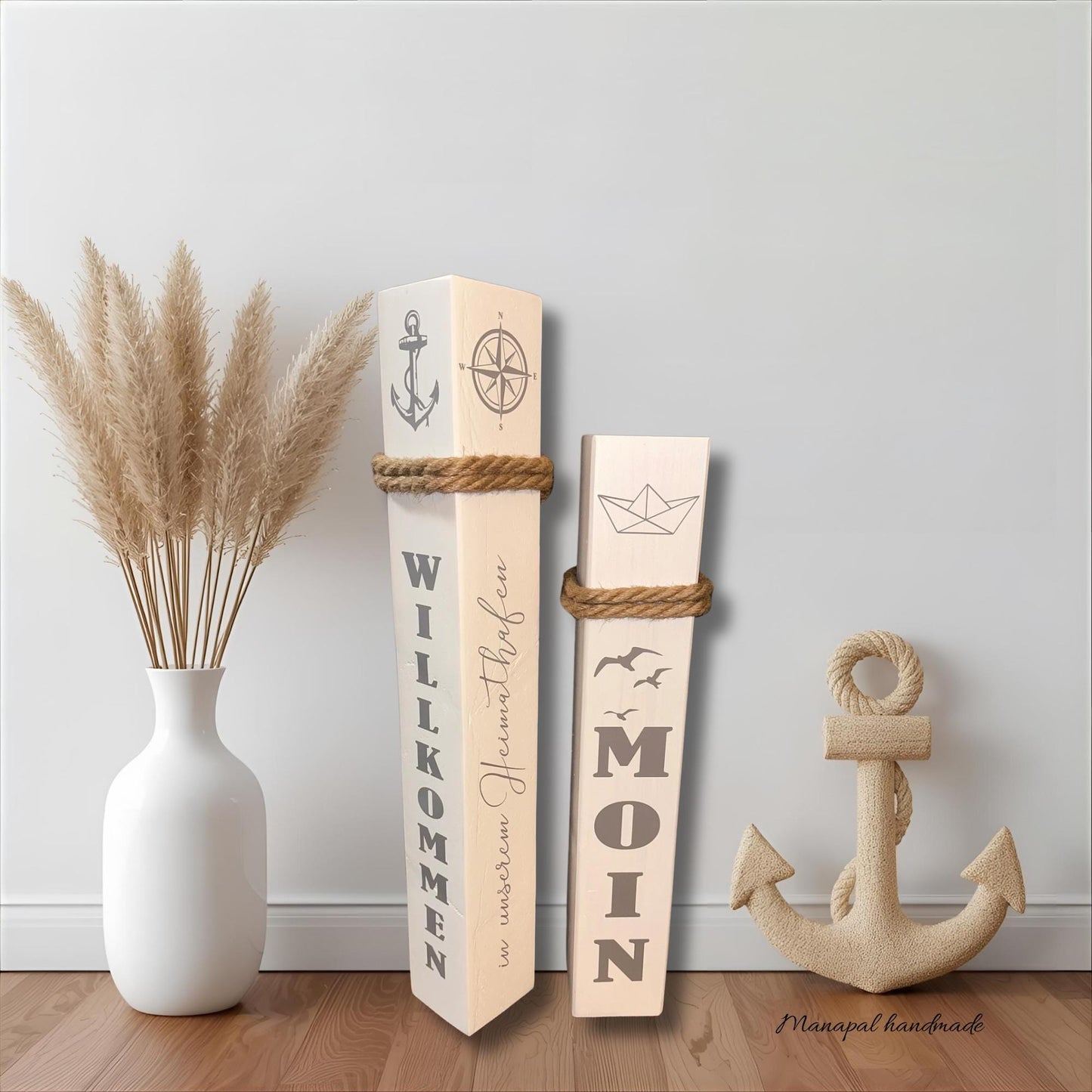 Maritimes Holz-Poller Set 2er – mit Anker & Wunschtext | Geschenk Hochzeit/ Einzug