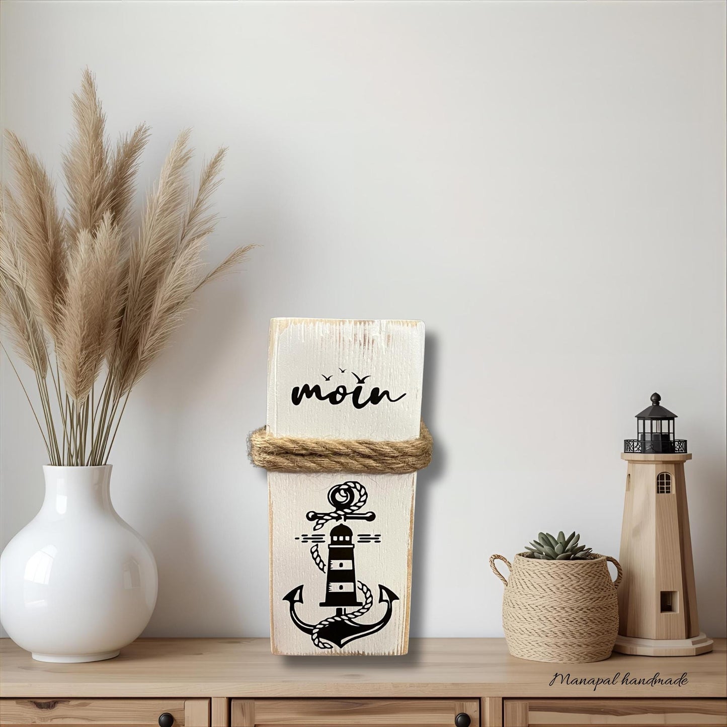 Maritime Dekosäule „Moin Heimathafen“ – Holzsäule 22 cm Shabby Stil für Küsten- & Garten-Deko