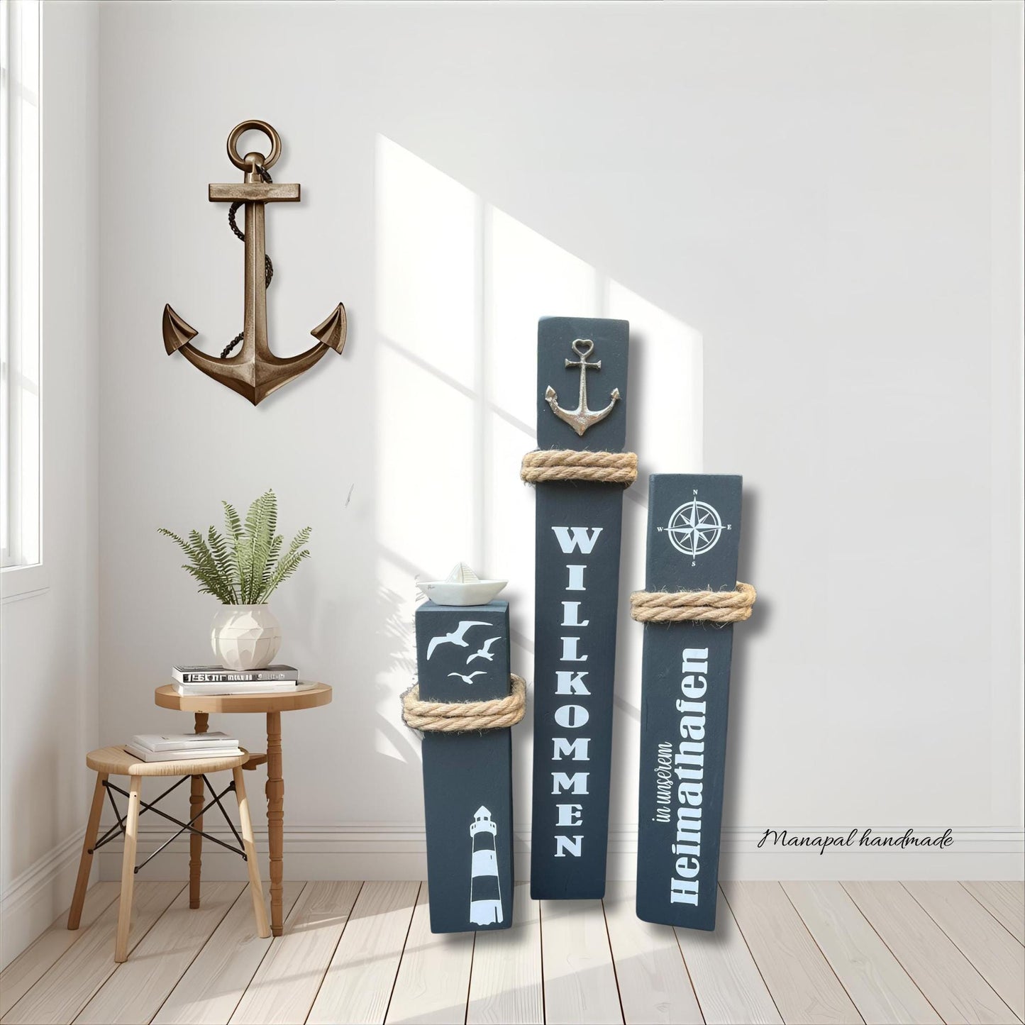 3er Set Dekosäule Holz Anker Poller Ahoi Garten Manapal maritime Deko Meer Balken Stele Säule Manapal Schiff Willkommen Heimathafen