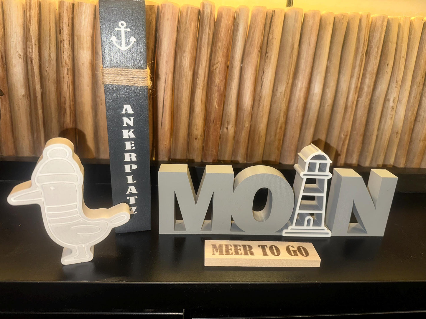 Meer to go Geschenkset | Maritimes Deko-Set aus Holz (Mini-Poller + MOIN-Schriftzug + Möwe) | Geschenkidee Einzug, Geburtstag, Weihnachten