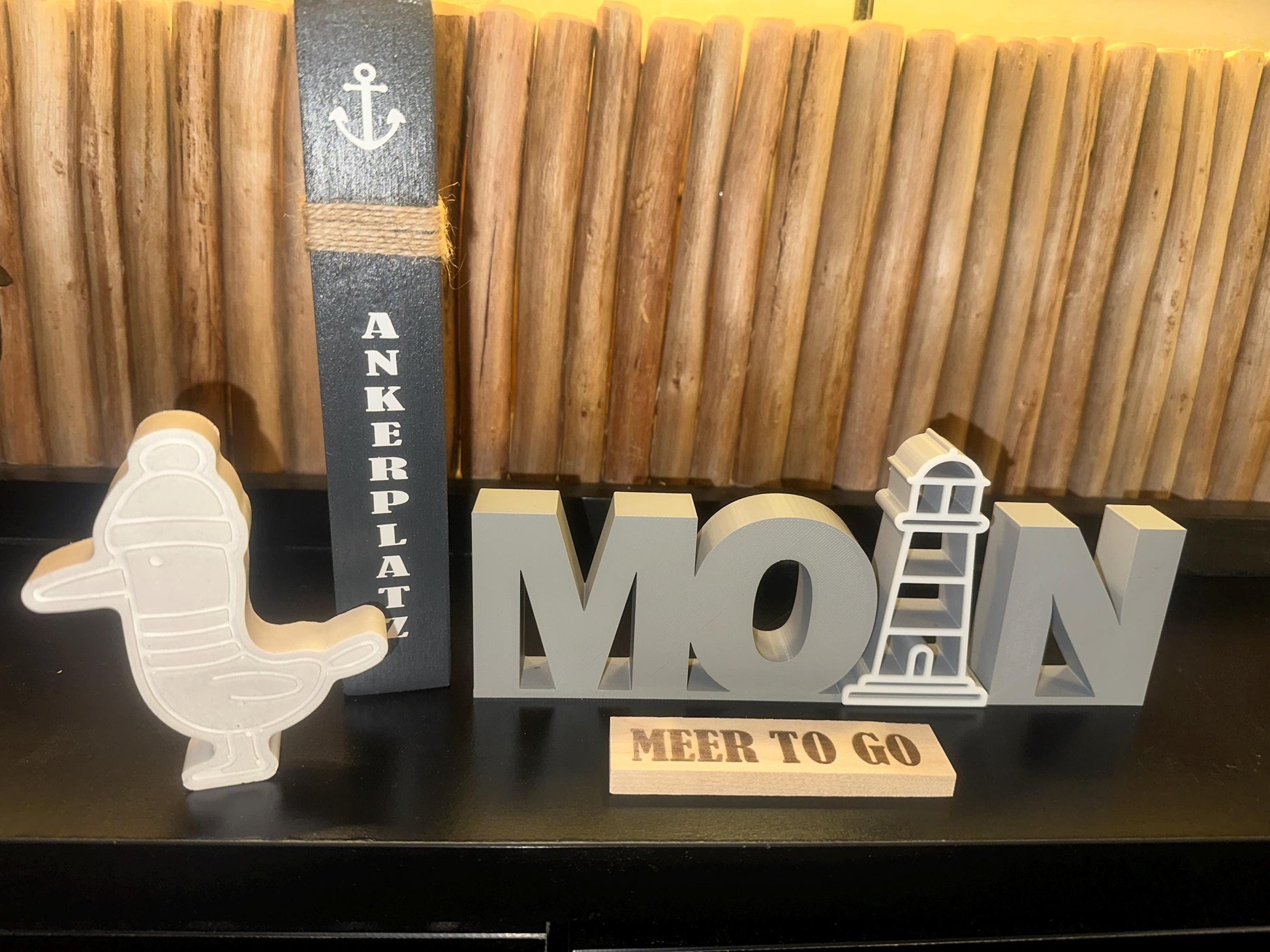 Meer to go Geschenkset | Maritimes Deko-Set aus Holz (Mini-Poller + MOIN-Schriftzug + Möwe) | Geschenkidee Einzug, Geburtstag, Weihnachten