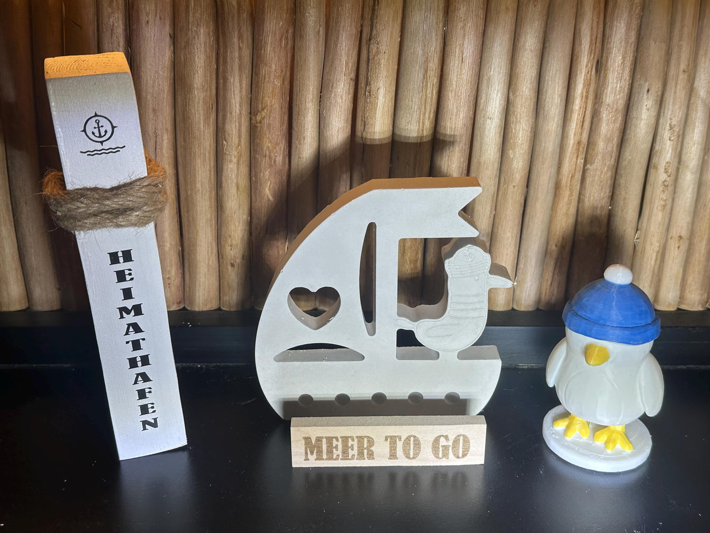 Meer to go Geschenkset „Heimathafen Boot“ | Maritimes Deko-Set (Mini-Poller + Boot + Möwe) | Geschenkidee Einzug, Hochzeit, Weihnachten