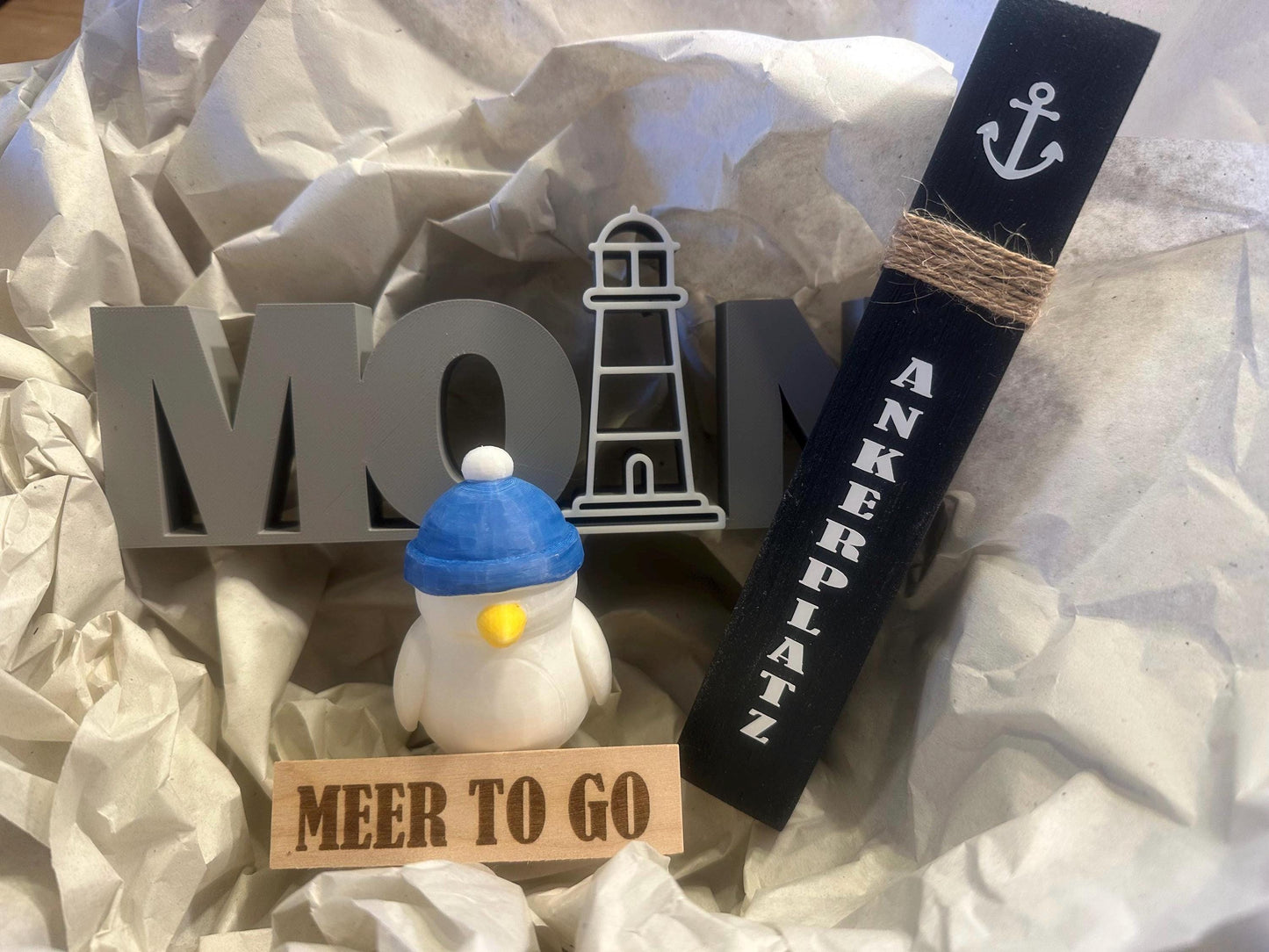 Meer to go Geschenkset, Maritimes Deko-Set (Mini-Poller + MOIN-Schriftzug + 3D-gedruckte Möwe) | Geschenk Einzug, Geburtstag, Weihnachten