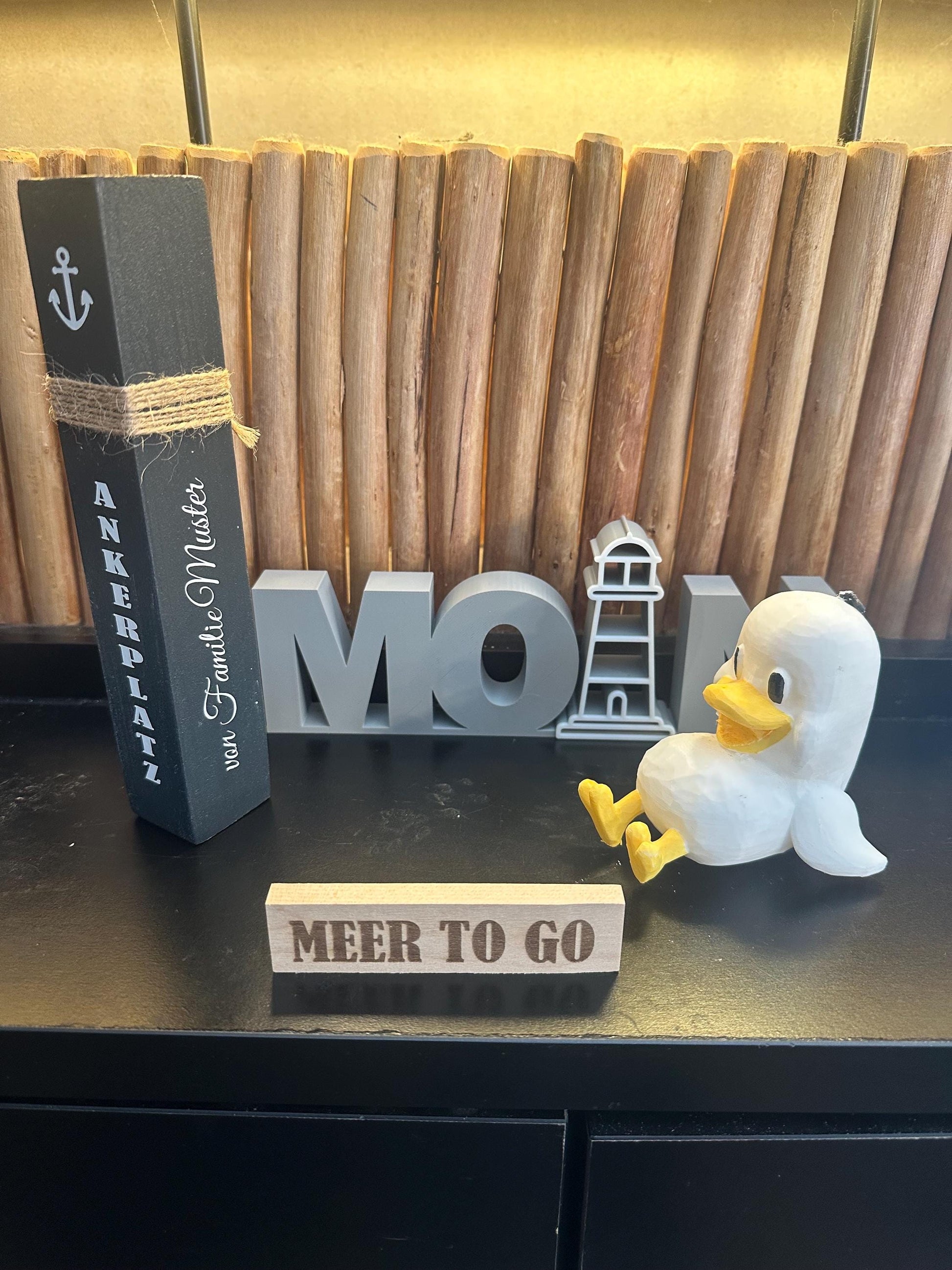 Meer to go Geschenkset mit personalisiertem Poller | Maritimes Deko-Set (Mini-Poller + Schriftzug + Möwe) | Geschenk Hochzeit, Weihnachten