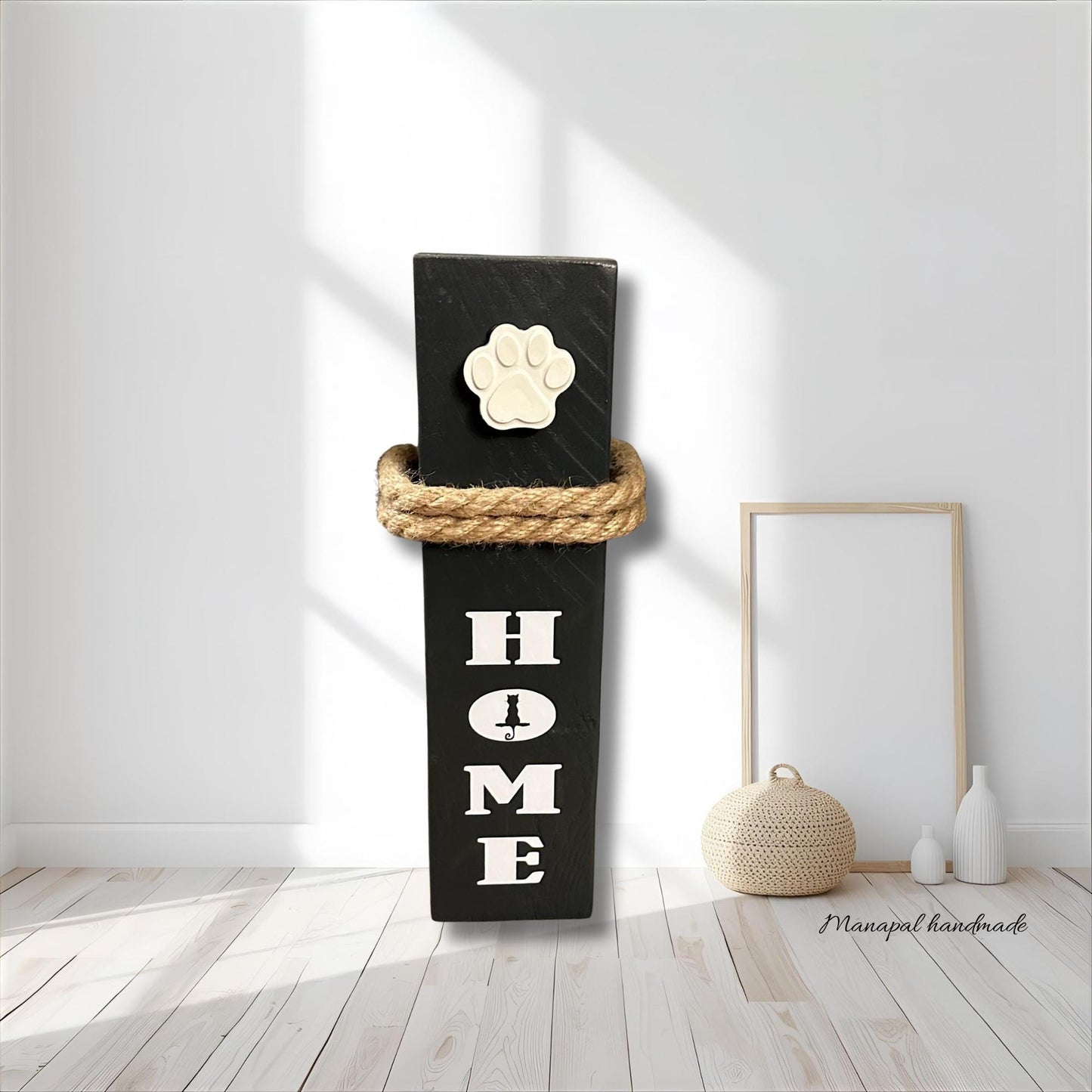 Katzendeko HOME mit Betonpfote – Holzsäule 40 cm | Geschenk für Katzenliebhaber & Katzenmama