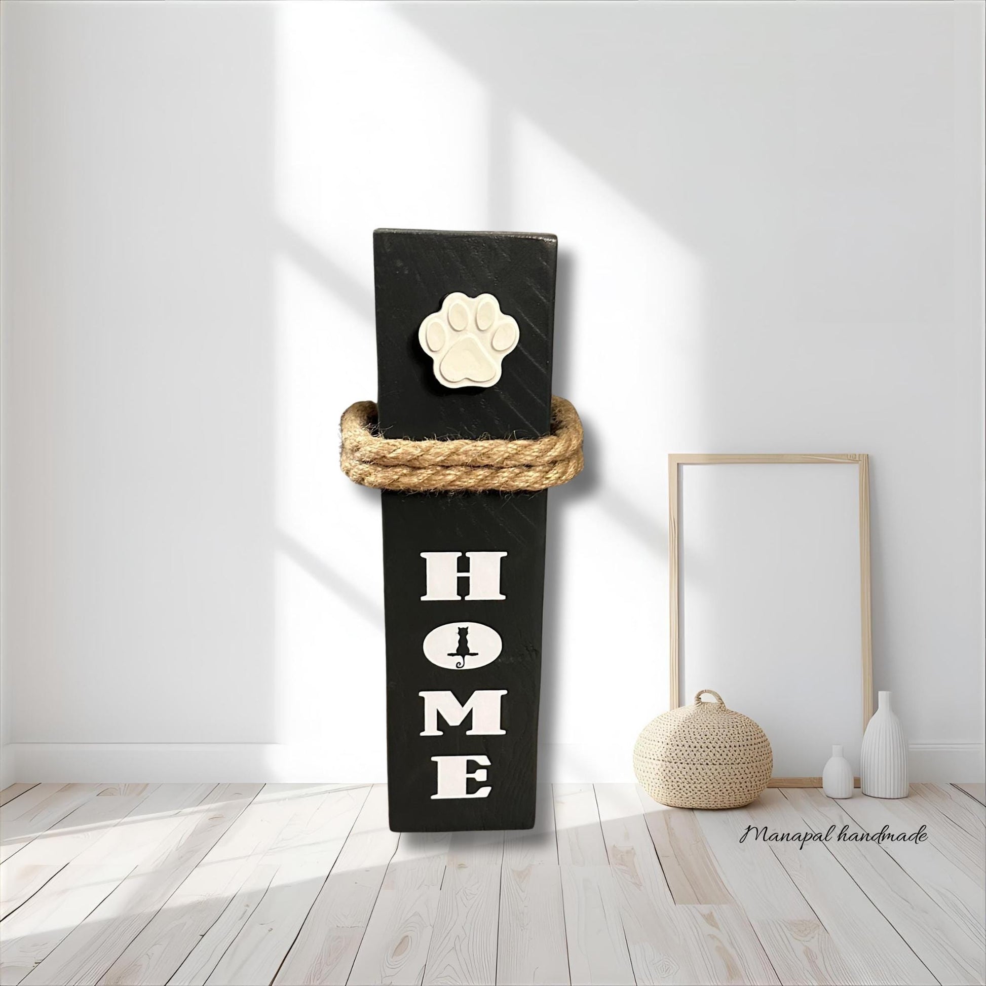 Katzendeko HOME mit Betonpfote – Holzsäule 40 cm | Geschenk für Katzenliebhaber & Katzenmama