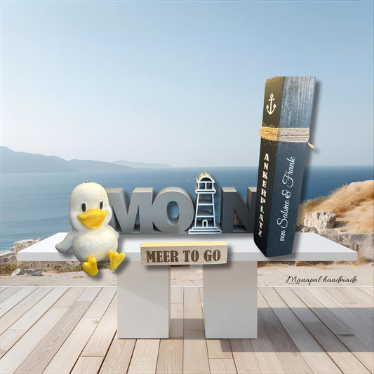 Meer to go Geschenkset mit personalisiertem Poller | Maritimes Deko-Set (Mini-Poller + Schriftzug + Möwe) | Geschenk Hochzeit, Weihnachten