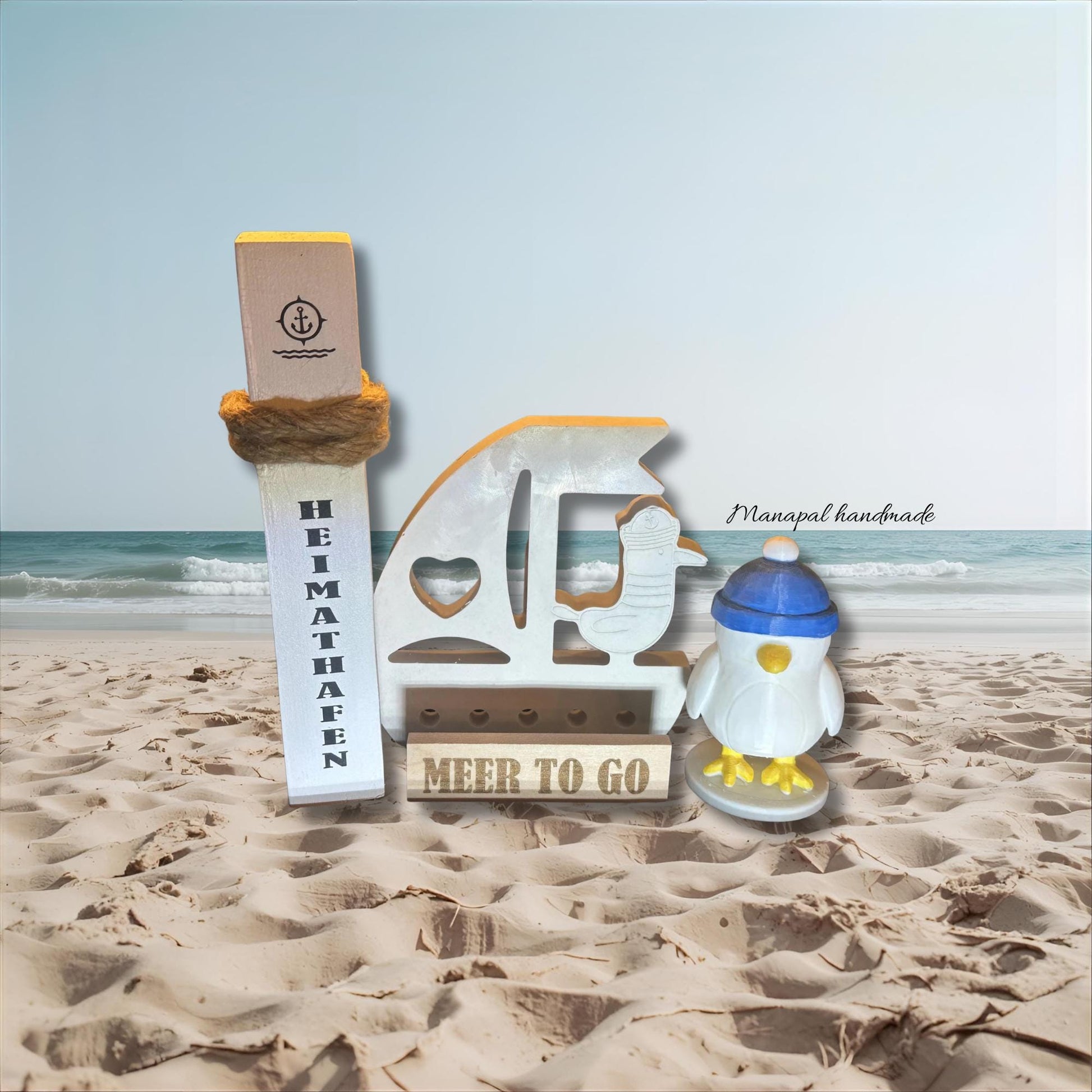 Meer to go Geschenkset „Heimathafen Boot“ | Maritimes Deko-Set (Mini-Poller + Boot + Möwe) | Geschenkidee Einzug, Hochzeit, Weihnachten