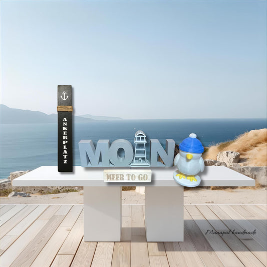 Meer to go Geschenkset, Maritimes Deko-Set (Mini-Poller + MOIN-Schriftzug + 3D-gedruckte Möwe) | Geschenk Einzug, Geburtstag, Weihnachten