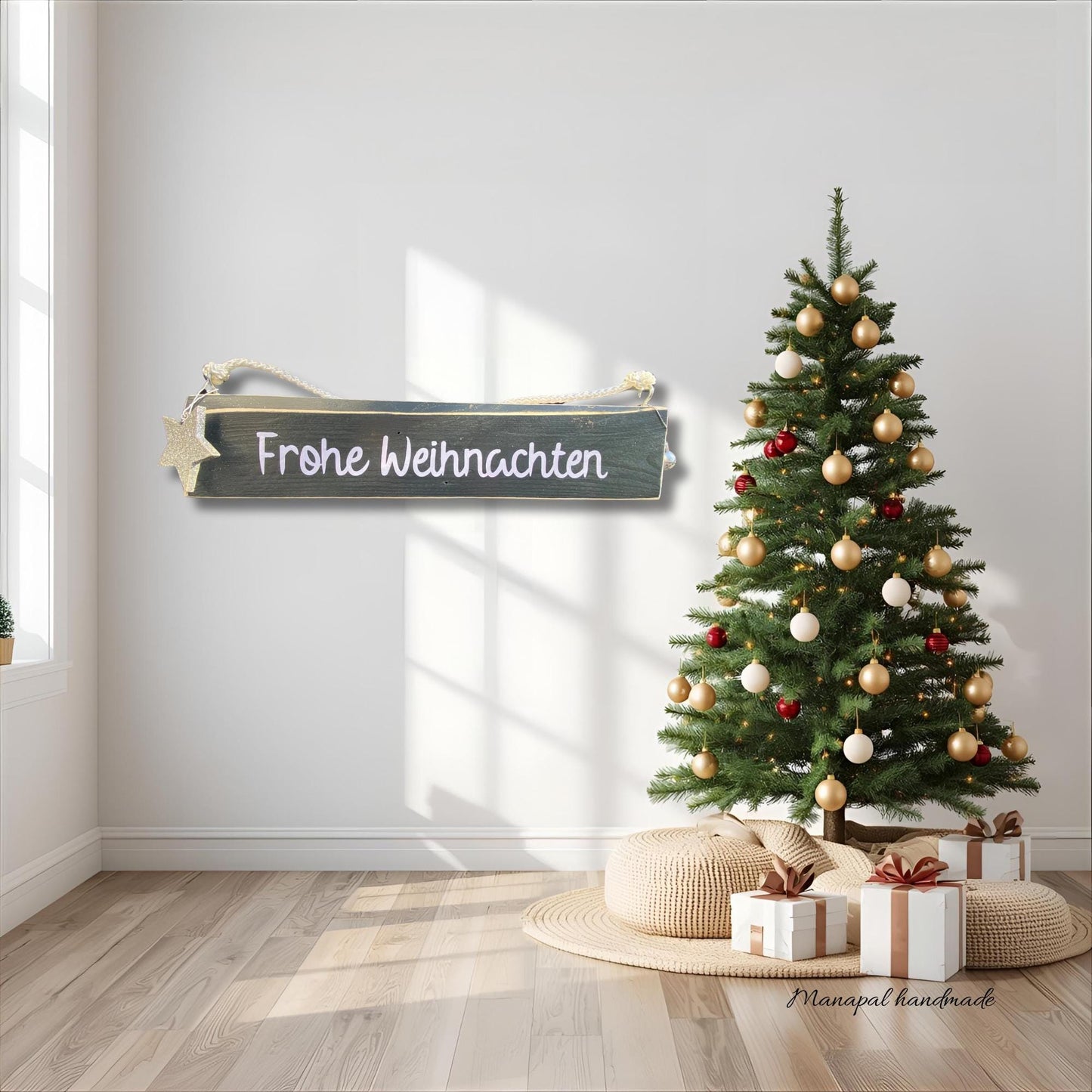 Holzschild ‚Frohes Fest‘ 40×8 cm – rustikale Weihnachtsdeko aus Holz. Perfekt für Tisch, Regal oder als Geschenk.