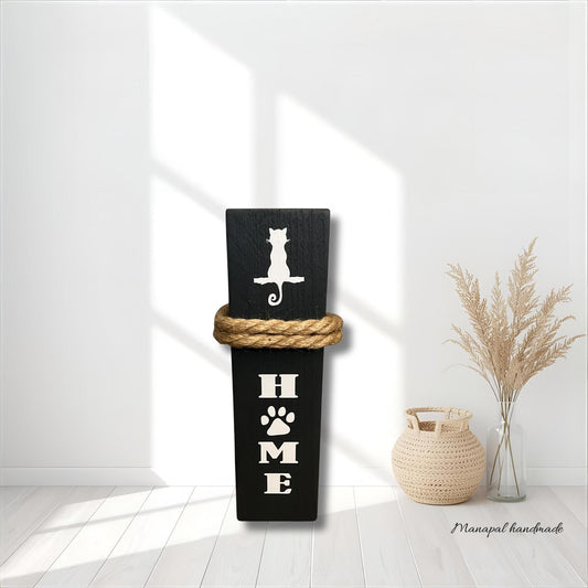 Geschenk für Katzenmama – Holz-Dekosäule HOME | Rustikale Katzenliebe & Deko für Katzenmama, Dekosäule