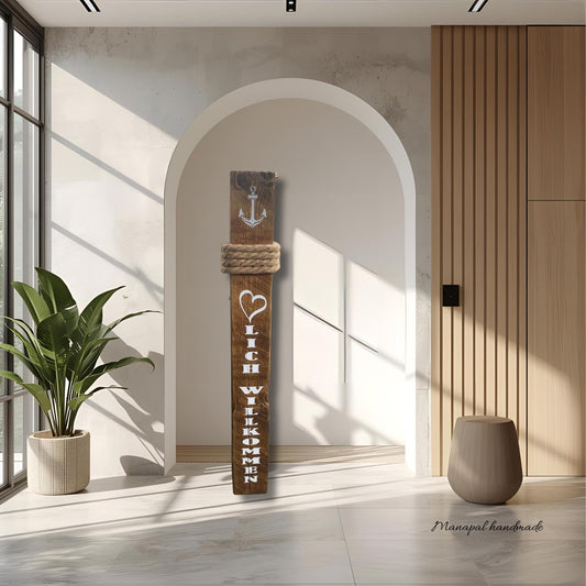Willkommens-Poller 80 cm | Rustikale Holzsäule mit Anker | Gartendeko & Hauseingang | personalisierbar
