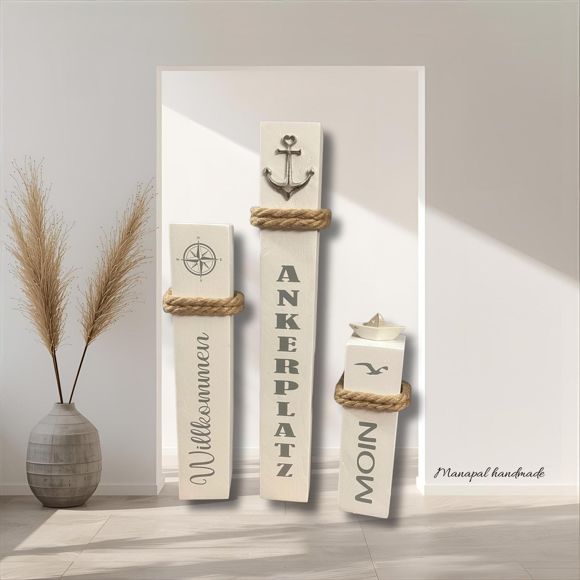 3er Set Marine Anker Poller – Maritime Holzsäulen 65/50/35 cm | Küstenstil Gartendeko Set