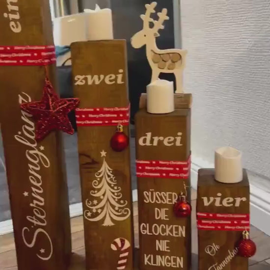 Adventskranz Säulen Set Braun – Vier Holzsäulen 7×7×45,35,25,15 cm | Rustikale Weihnachtsdeko für Fensterbank & Tisch