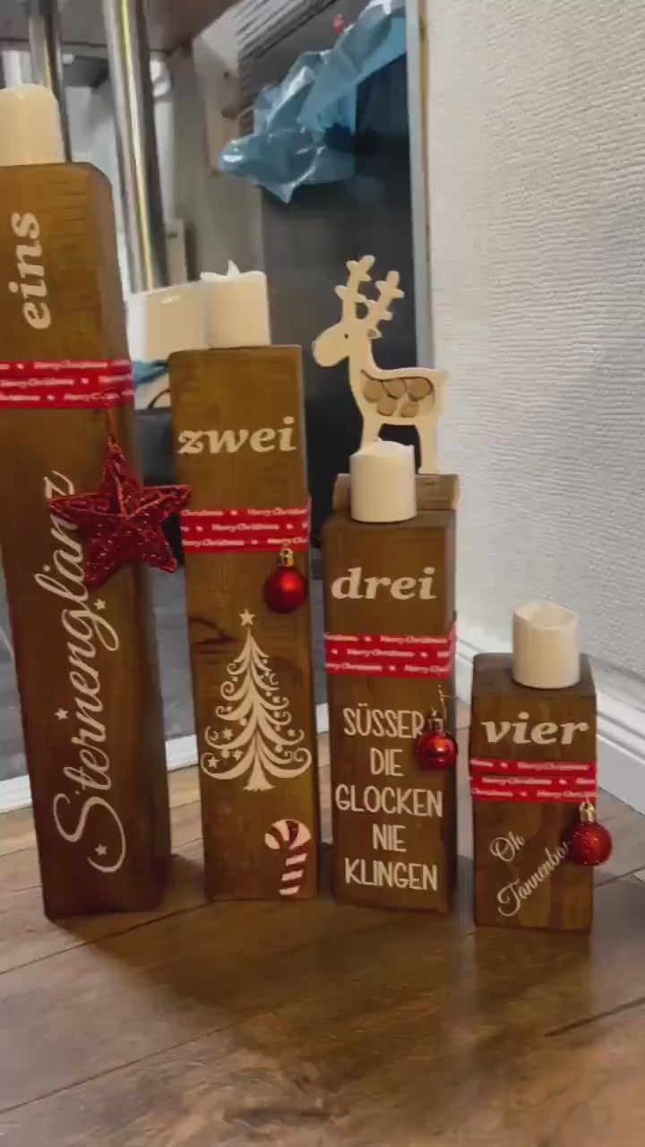 Adventskranz Säulen Set Braun – Vier Holzsäulen 7×7×45,35,25,15 cm | Rustikale Weihnachtsdeko für Fensterbank & Tisch